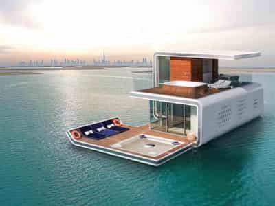 The Floating Seahorse — floating villas by Kleindienst with underwater lower floors, lounge areas and jacuzzis in The World Islands, Dubai