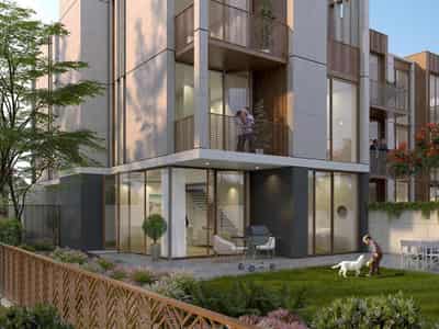 Gated complex of villas Amalfi with a swimming pool and a park, Jumeirah Bay, Dubai, UAE