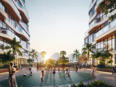 New complex of furnished apartments Zephyra with a park and picturesque views, 7 minutes from Persian Gulf, Dubai Islands, UAE