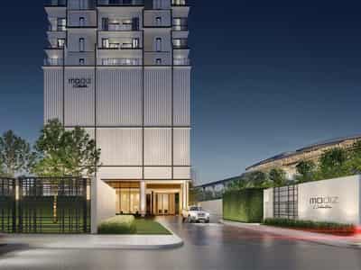 High-rise residential complex with swimming pools and panoramic river views, Bangkok, Thailand
