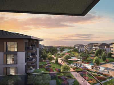 Guarded residential complex with swimming pools, a tennis court and a fitness center next to the lake Kucukcekmece, Istanbul, Turkey
