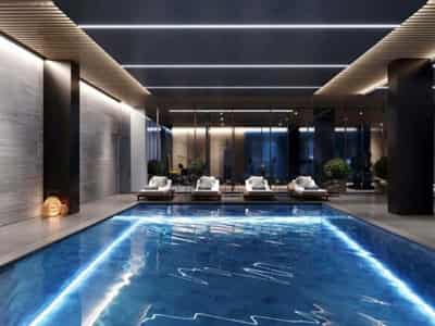 High-rise residence with a panoramic view, swimming pools and a conference room, 720 meters from the sea, Izmir, Turkey