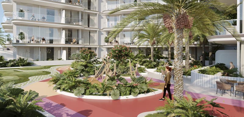 New complex of furnished apartments Cove Grand with swimming pools, lounge areas and mini golf, Dubai Land Residence Complex, UAE — photo 1
