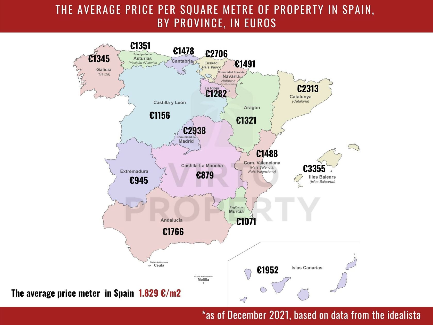 Map of average cost per square meter of housing in Spain by regions